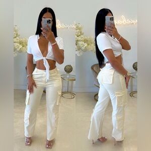 High Rise Straight Leg Cargo PantsTrousers with Pockets Size S (Cream)